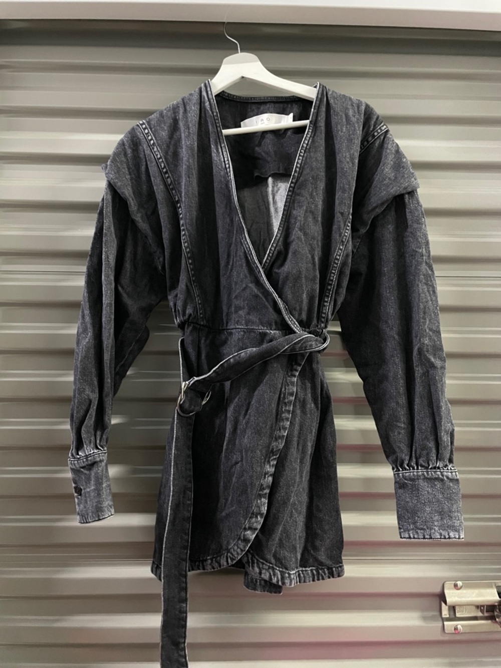 IRO Washed Black Denim Wrap Jacket with Tie Waist
